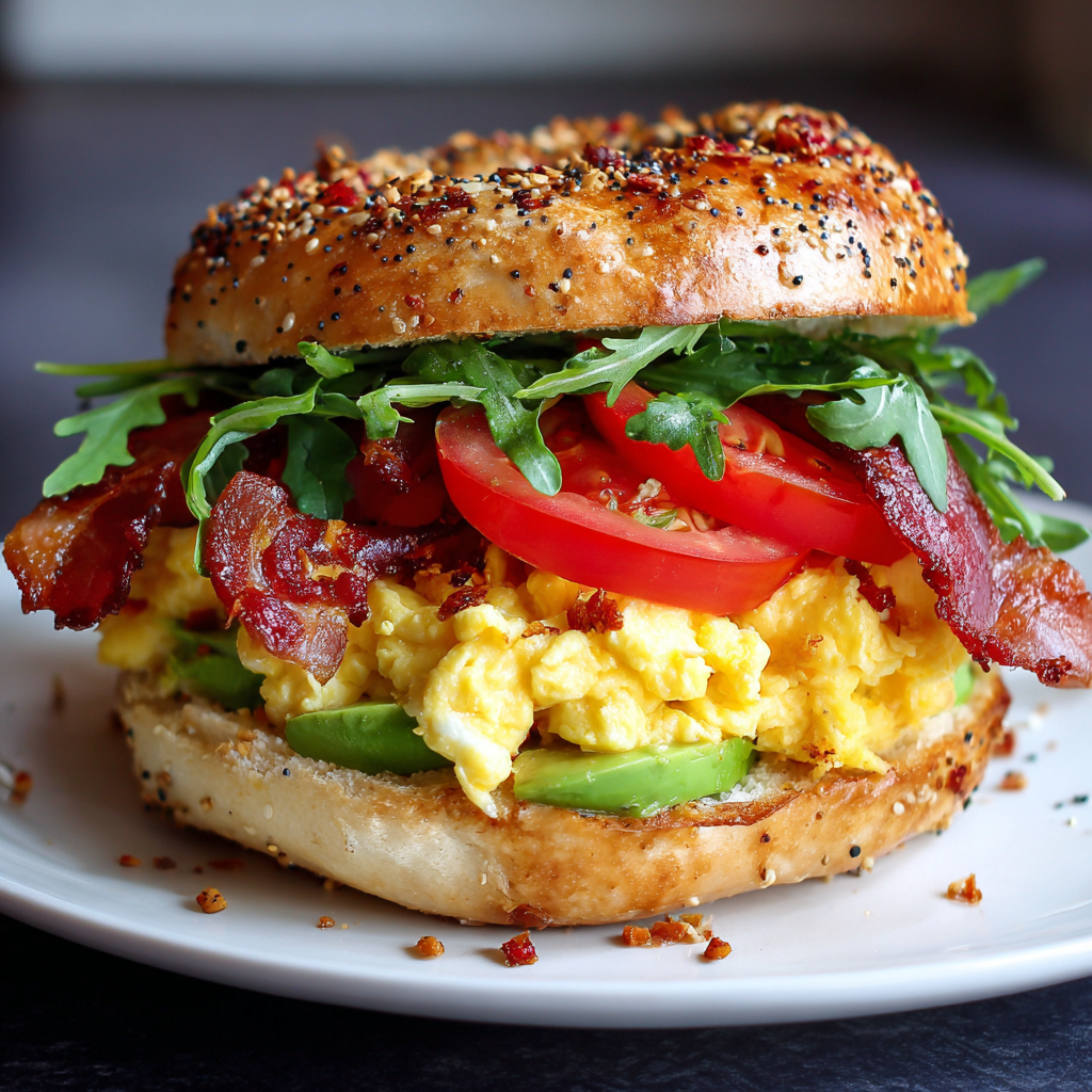 Fresh breakfast sandwich with egg, cheese, and greens
