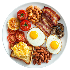 Café breakfast platter with eggs, toast, fruit, and sides